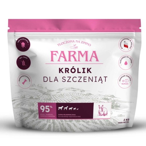 Farma Królik dla szczeniąt 2 kg – opakowanie bezzbożowej karmy tłoczonej na zimno, widok z przodu