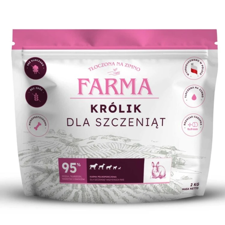 Farma Królik dla szczeniąt 2 kg – opakowanie bezzbożowej karmy tłoczonej na zimno, widok z przodu