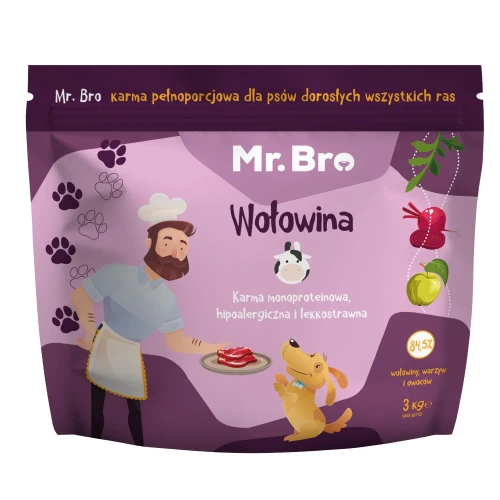 Mr. Bro sucha karma monoproteinowa z wołowiną dla dorosłych psów 3 kg – przód fioletowego opakowania