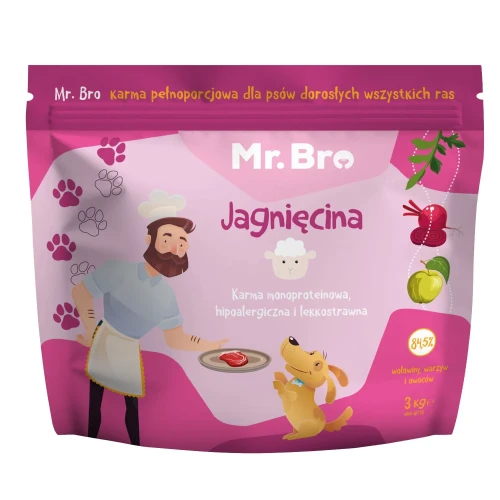 Mr. Bro sucha karma monoproteinowa z jagnięciną dla dorosłych psów 3 kg – przód różowego opakowania