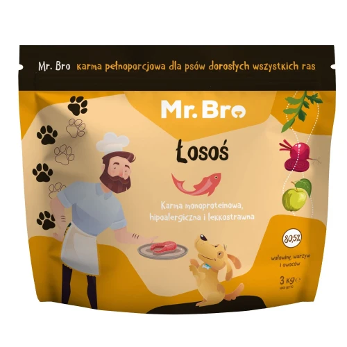 Mr. Bro monoproteinowa sucha karma z łososiem dla dorosłych psów 3 kg – przód opakowania z ilustracją psa i kucharza