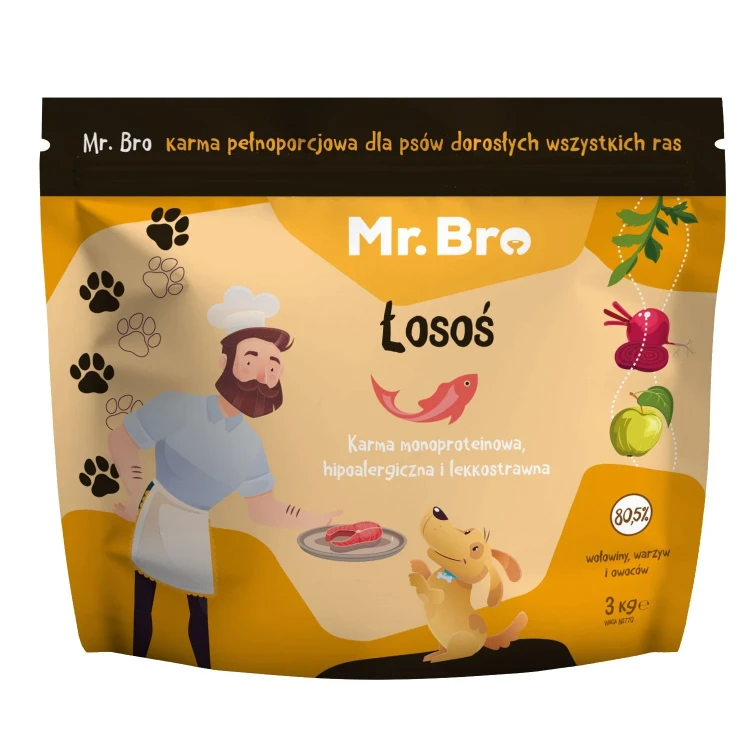 Mr. Bro monoproteinowa sucha karma z łososiem dla dorosłych psów 3 kg – przód opakowania z ilustracją psa i kucharza