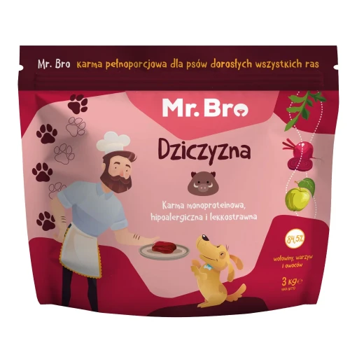 Mr. Bro Dziczyzna 3 kg – przednia strona opakowania suchej karmy dla psów z ilustracją kucharza i psa