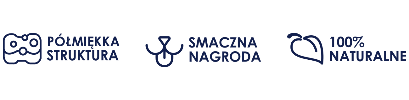Ikony cech przysmaków Baltica: półmiękka struktura, monobiałkowe, bez zbóż i 100% naturalne