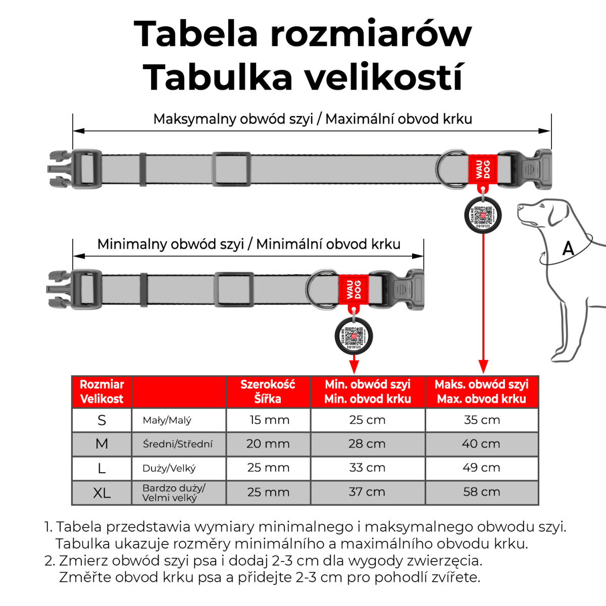 Tabela rozmiarów obroży WAUDOG z wymiarami S, M, L i XL
